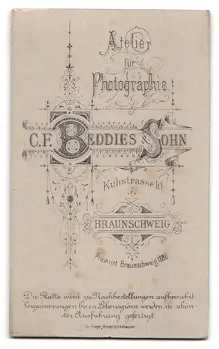 Fotografie C. F. Beddies & Sohn, Braunschweig, Kuhstrasse 10, Portrait junge Dame im modischen Kleid