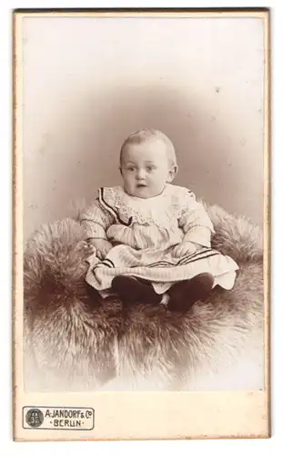 Fotografie A. Jandorf & Co., Berlin-NO, Grosse Frankfurterstr. 113, Portrait süsses Kleinkind im Kleid sitzt auf Fell