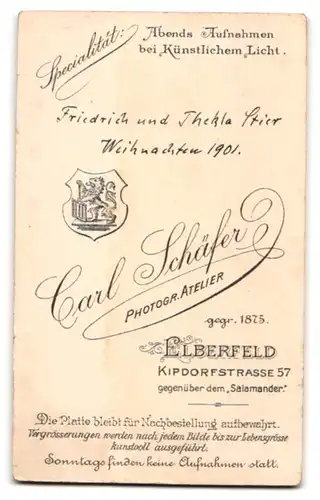 Fotografie Carl Schäfer, Elberfeld, Kipdorfstrasse 57, Friedrich und Thekla Stier an Weinachten 1901
