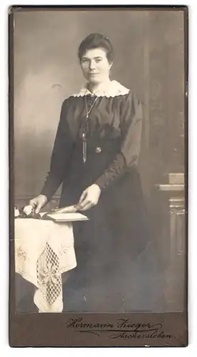 Fotografie Hermann Zieger, Aschersleben, Breite Strasse 27, fein gekleidete Dame mit Buch