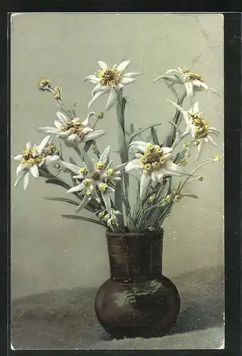 Künstler-AK Photochromie Nr. 483: Steingutvase mit Edelweiss