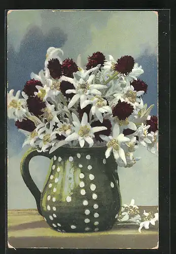 Künstler-AK Photochromie Nr. 746: Keramikkrug mit Edelweiss und schwarze Kohlröschen