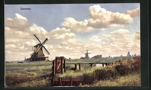 Künstler-AK Photochromie Nr. 2945: Zaandam, Windmühlen und Entwässerungsgräben