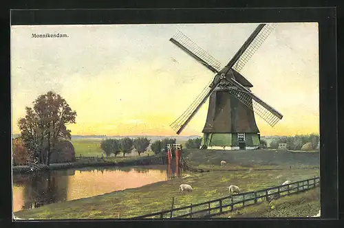 Künstler-AK Photochromie Nr. 2933: Monnikendam, Windmühle, Schafe grasen am Entwässerungsgraben