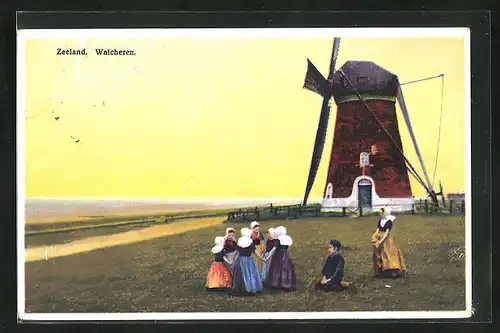 Künstler-AK Photochromie Nr. 2934: Zeeland, Walcheren, Windmühle, Mädchen im Ringelreihen