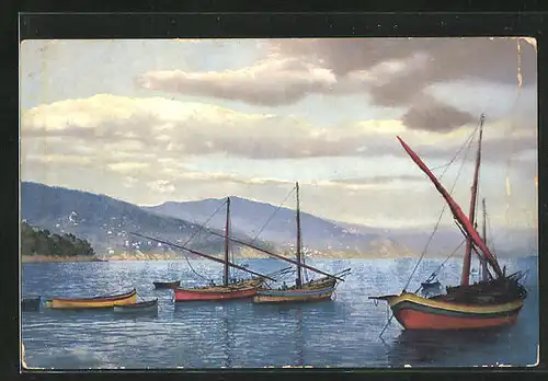 Künstler-AK Photochromie Nr. 2599: Riviera di Levante, Santa Margherita, Fischerboote vor Anker