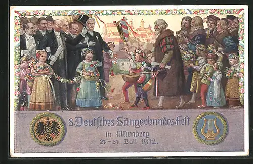 Künstler-AK Nürnberg, 8. Deutsches Sänger-Bundes-Fest 1912, Festzug mit Gelehrten und Edelmännern
