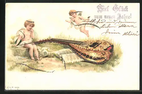 Lithographie Neujahrsgruss, Neujahrsengel, Laute