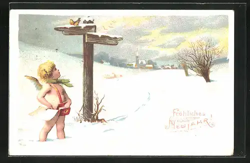 Künstler-AK Neujahrsgruss, Neujahrsengel mit Post am Wegweiser