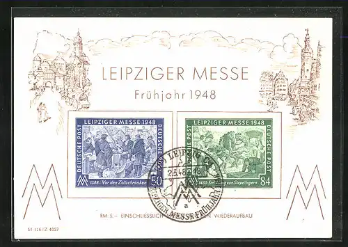 Künstler-AK Leipzig, Leipziger Messe Frühjahr 1948, Briefmarken
