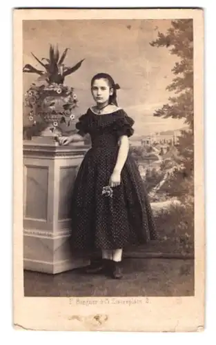 Fotografie P. Biegner & Co., Berlin, Zietenplatz 2, Portrait junged Mädchen im Pünktchenkleid vor einer Studiokulisse