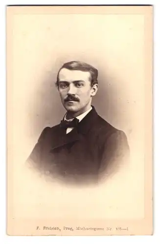 Fotografie F. Fridrich, Prag, Michaelsgasse 438, Portrait Herr im dunklen Anzug mit Moustache