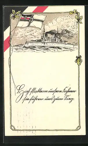 Künstler-AK Kriegsschiff, Reichskriegsflagge
