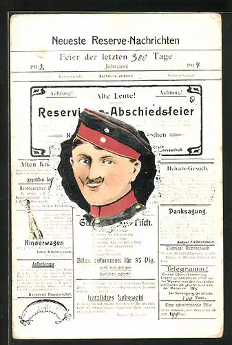 AK Zeitung Neueste Reserve-Nachrichten, Reservisten-Abschiedsfeier, Soldat durch zerrissenes Papier