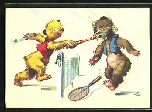 Künstler-AK Bären beim Tennisspiel