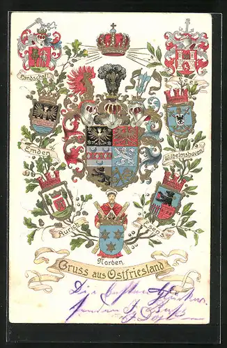 Präge-AK Gruss aus Ostfriesland, Stadtwappen