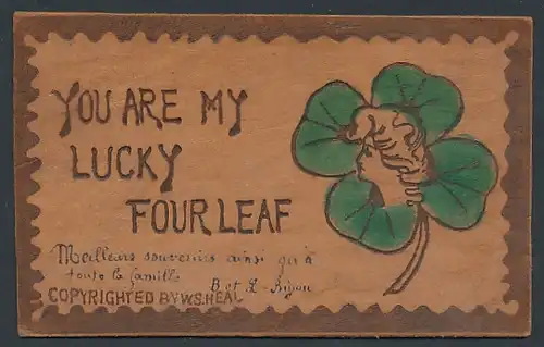 Leder-AK You are my lucky four leaf, Frauenantlitz auf Glücksklee