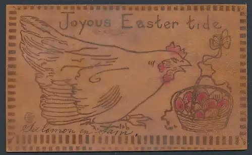 Leder-AK Joyous Easter tide, Henne mit einem Korb Ostereier