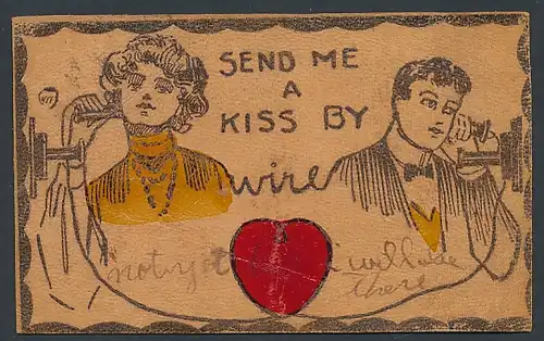Leder-AK Send me a Kiss by Wire, Liebespaar telefoniert