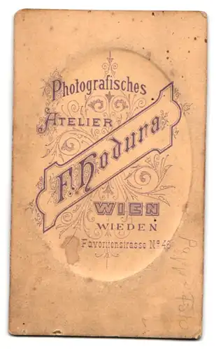 Fotografie F. Hodura, Wien, Favoritenstrasse 46, Portrait, Frau mit hoch gesteckten Haar und strengem Blick