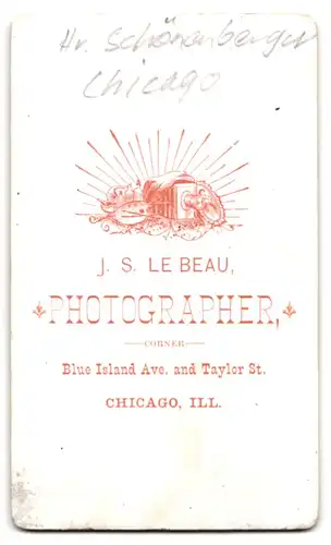 Fotografie J. S. Le Beau, Chicago, Blue Island Ave. and Taylor St., Portrait, Hr. Schönenberger mit krausem Vollbart