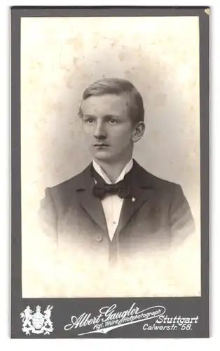 Fotografie Albert Gaugler, Stuttgart, Calwerstr. 58, Portrait junger Herr trägt Anzug mit Fliege