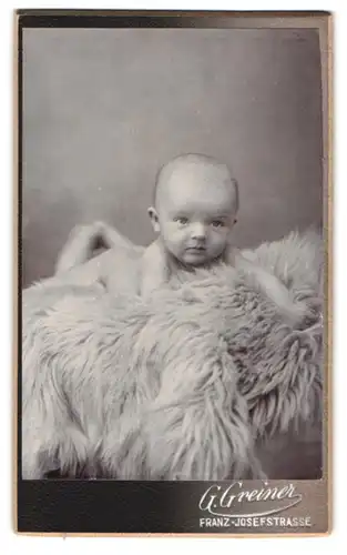 Fotografie G. Greiner, Ort unbekannt, Franz-Josefstrasse, Baby auf Felldecke liegend