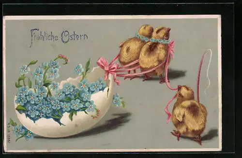 Präge-AK Osterküken und mit Vergissmeinnicht gefülltes Ei