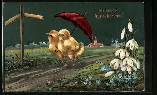 AK Osterküken unter Regenschirm, Ostergrüsse