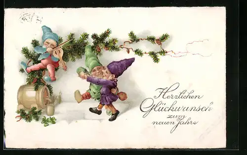Künstler-AK Neujahrsgrüsse, tanzende Zwerge unter Tannenzweig