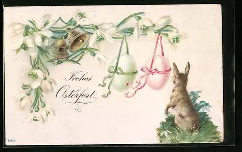 Relief-AK Osterhase mit Glocken und Ostereiern an Blumen, Ostergruss