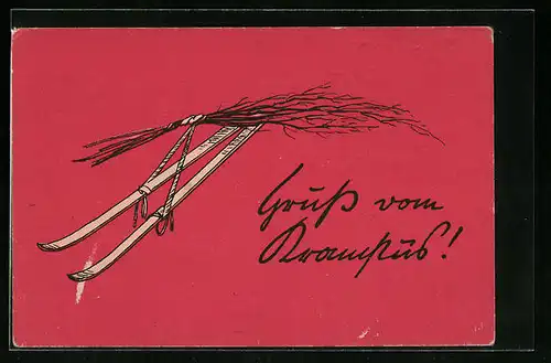 AK Gruss vom Krampus!, Rute mit Skiern