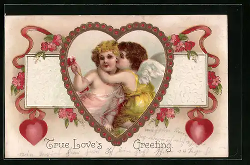 Präge-AK Amor umarmt Mädchen im Herz