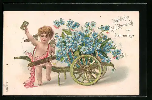Präge-AK Amor mit einem Blumenwagen, Glückwunsch zum Namenstag