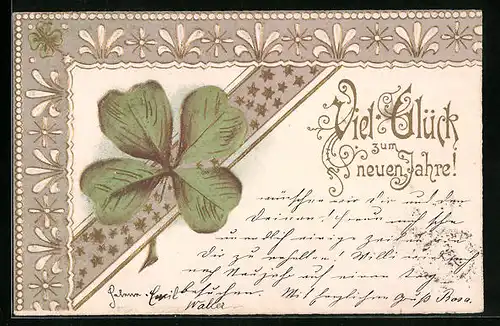 Präge-AK Kleeblatt auf Band mit Sternen, Neujahrsgruss
