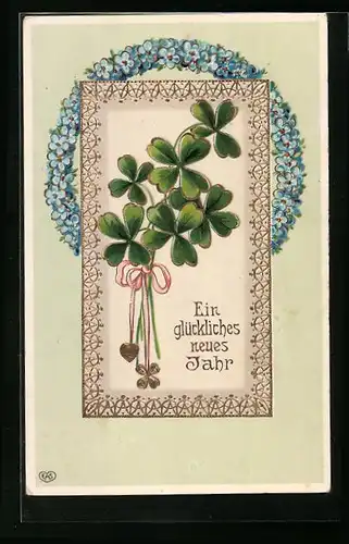 Präge-AK Kleeblätter mit Schleife im Blumenkranz, Neujahrsgruss