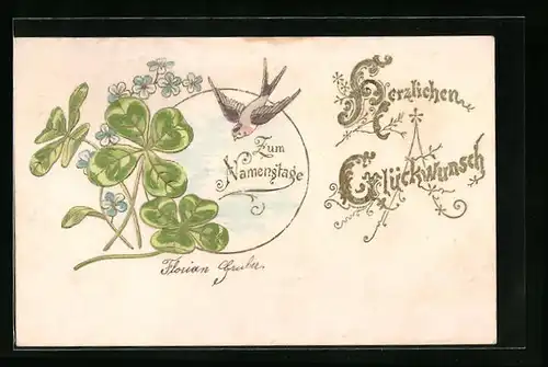 Präge-AK Schwalbe mit Kleeblättern, Glückwunsch