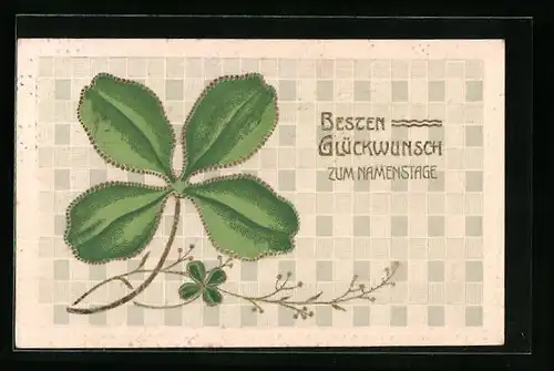 Präge-AK Zweig mit Kleeblättern, Glückwunsch zum Namenstag