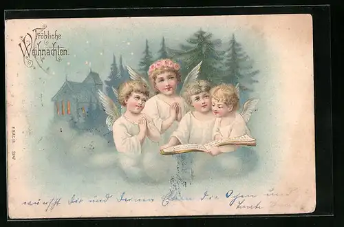 AK Weihnachtsengel mit Notenheft nachts vor Kirche, Weihnachtsgruss