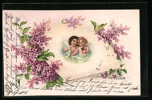 AK Engel beschützt Kind mit Vogel, Violette Blumen