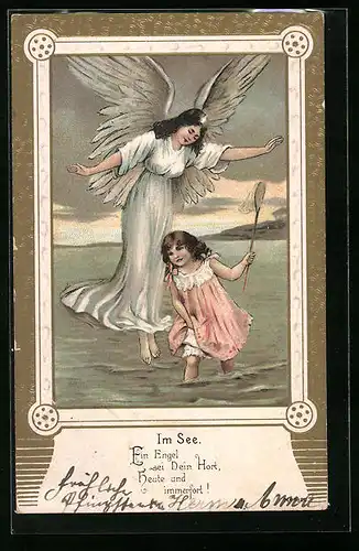 AK Schutzengel behütet Mädchen mit Kescher im See
