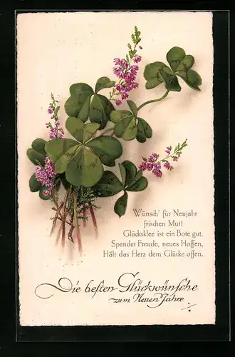 AK Neujahresglückwunsch, Strauss aus violetten Blumen und Kleeblättern