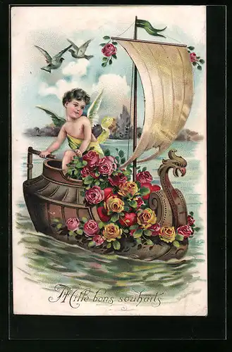 AK Engel steuert mit Blumen verziertes Boot über den Fluss