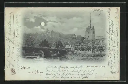 Mondschein-AK Gera, Schloss Osterstein mit Brücke