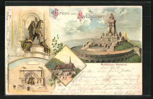 Lithographie Kyffhäuser, Gasthaus, Kyffhäuser-Denkmal, Reiterstandbild