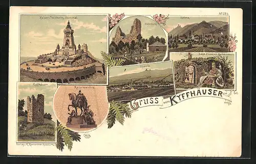 Lithographie Kyffhäuser, Kaiser-Wilhelm-Denkmal, Kyffhäuser, Reiterstandbild