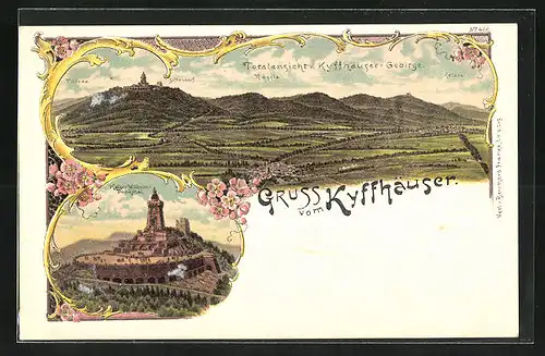 Lithographie Kyffhäuser, Totalansicht v. Kyffhäuser-Gebirge mit Tilleda, Sittendorf u. Kelbra, Kaiser-Wilhelm-Denkmal