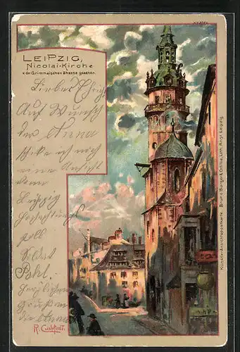 Künstler-AK Leipzig, Nicolai-Kirche v. der Grimmaischen Strasse gesehen