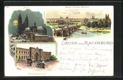Lithographie Magdeburg, Dom, Kaiser-Wilhelm-Brücke, Zentralbahnhof