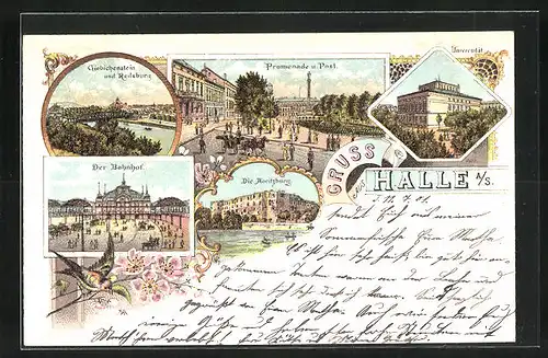 Lithographie Halle a. S., Bahnhof, Moritzburg, Promenade und Post